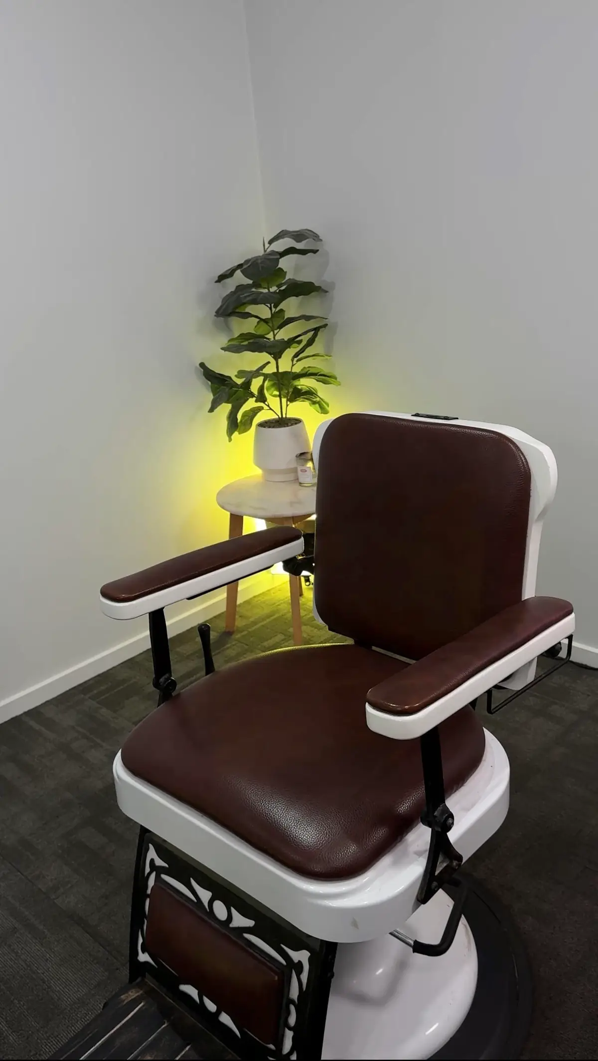 The single barber chair inside RUCI.BARBER's private home studio in Cranbourne